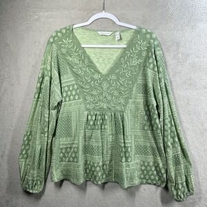 Denim & Co. Canyon Retreat Printed V-Neck Peplum Top Green Women's L